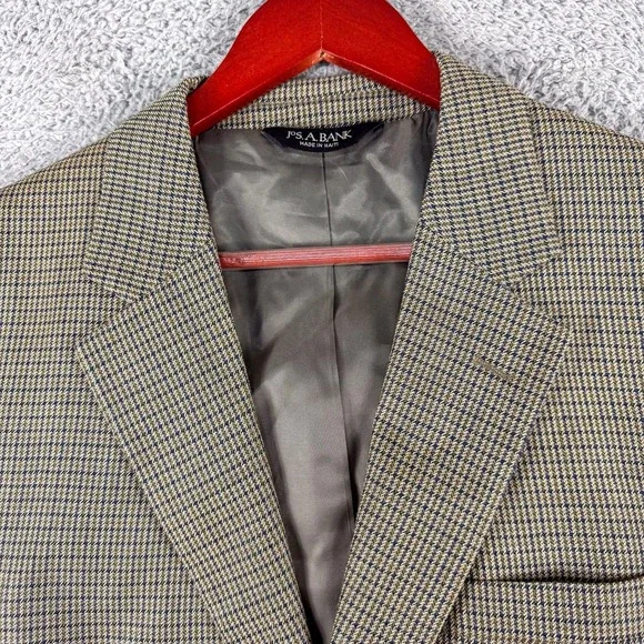 Jos A‎ Bank Blazer Mens 41R Brown Blue Wool Silk Houndstooth Check Sport Coat